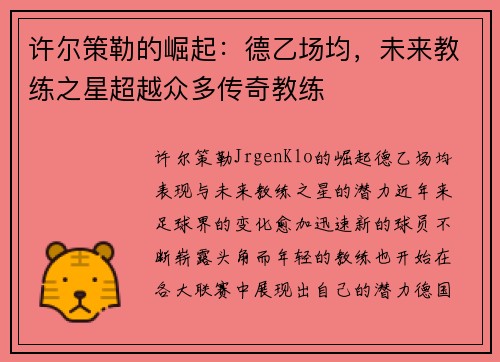 许尔策勒的崛起：德乙场均，未来教练之星超越众多传奇教练