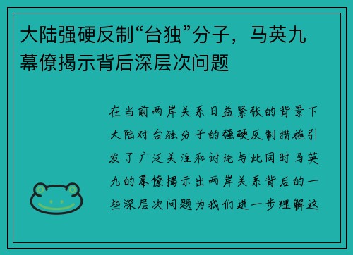 大陆强硬反制“台独”分子，马英九幕僚揭示背后深层次问题