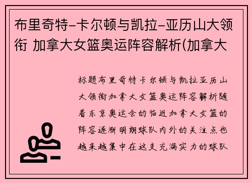 布里奇特-卡尔顿与凯拉-亚历山大领衔 加拿大女篮奥运阵容解析(加拿大女篮奥运会)