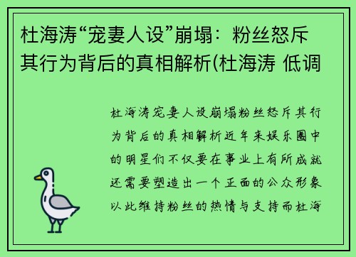 杜海涛“宠妻人设”崩塌：粉丝怒斥其行为背后的真相解析(杜海涛 低调)