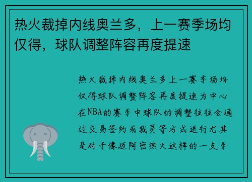 热火裁掉内线奥兰多，上一赛季场均仅得，球队调整阵容再度提速