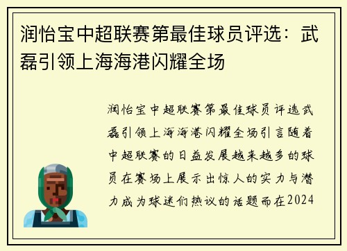 润怡宝中超联赛第最佳球员评选：武磊引领上海海港闪耀全场
