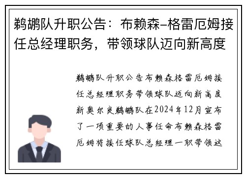 鹈鹕队升职公告：布赖森-格雷厄姆接任总经理职务，带领球队迈向新高度
