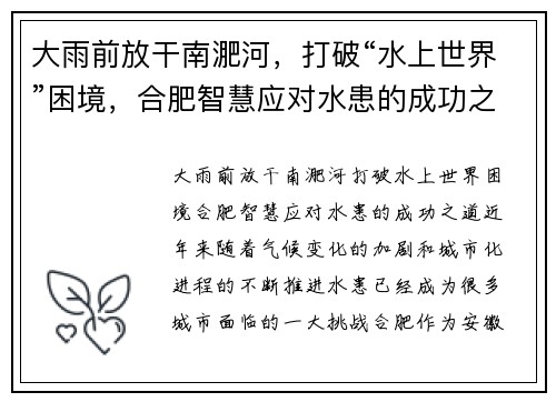 大雨前放干南淝河，打破“水上世界”困境，合肥智慧应对水患的成功之道